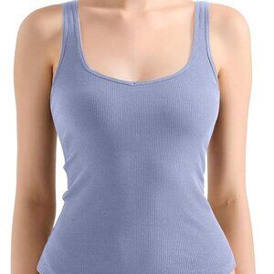 Women Cotton Ribbed Built in Bra Tank Tops Summer Casual Basic Top